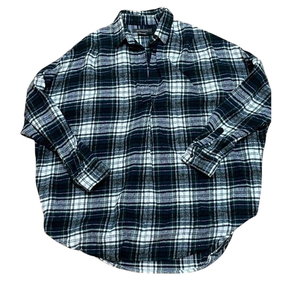 French Connection Flannel Plaid Green White Blue Women's Small Pull Over Shirt